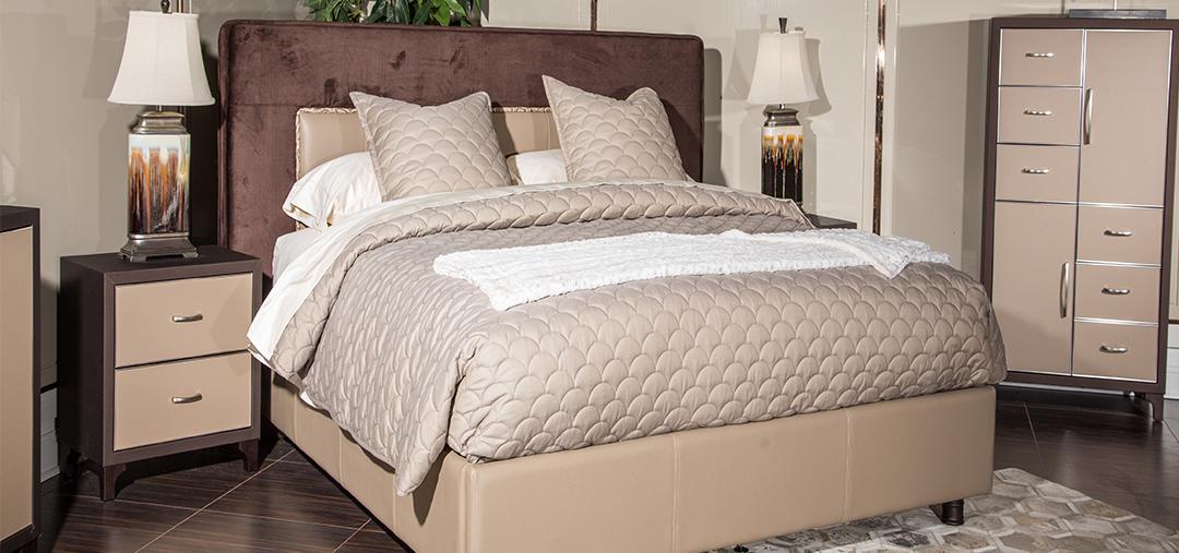 21 Cosmopolitan Queen Upholstered Tufted Bed in Taupe/Umber - Furniture Max (Falls Church,VA) *