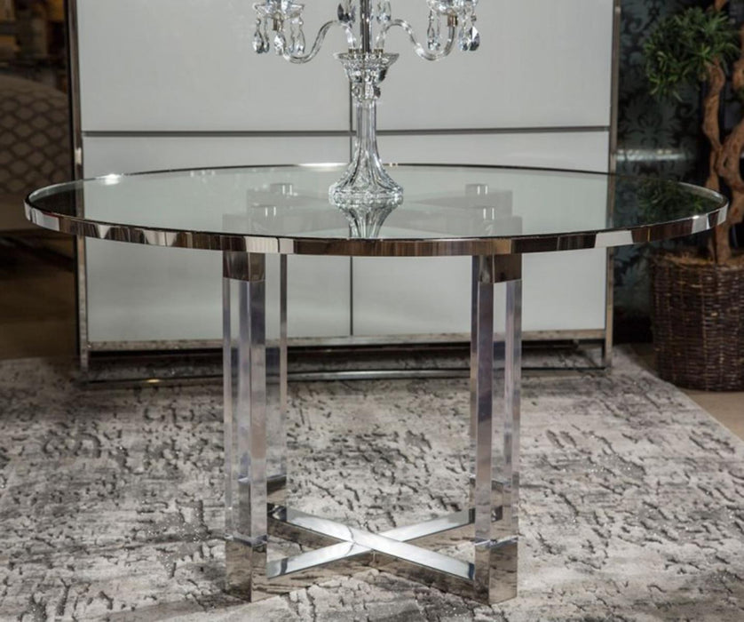 State St Round Dining Table with Glass Insert in Stainless Steel