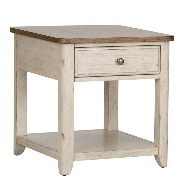 Liberty Farmhouse Reimagined End Table with Basket in Antique White