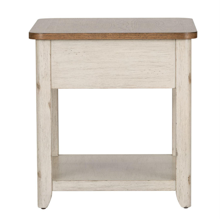 Liberty Farmhouse Reimagined End Table with Basket in Antique White