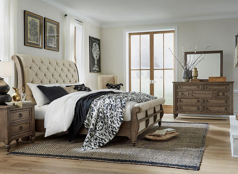 Liberty Furniture Americana Farmhouse King Sleigh Bed in Dusty Taupe and Black