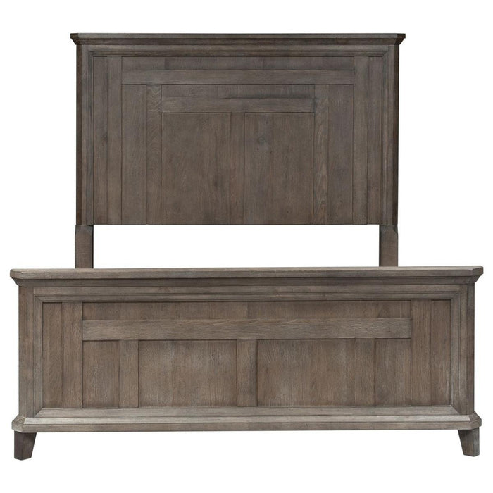 Liberty Furniture Artisan Prairie King Panel Bed in Wirebrushed aged oak with gray dusty wax
