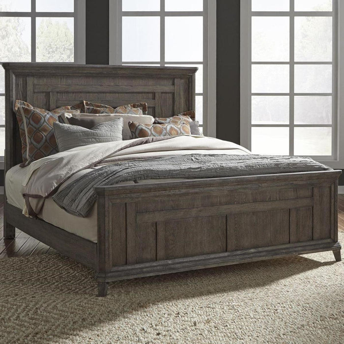 Liberty Furniture Artisan Prairie King Panel Bed in Wirebrushed aged oak with gray dusty wax