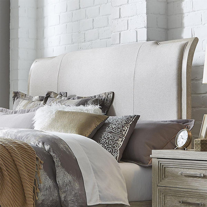 Liberty Furniture Belmar Queen Upholstered Sleigh Bed in Washed Taupe and Silver Champagne - Furniture Max (Falls Church,VA) *