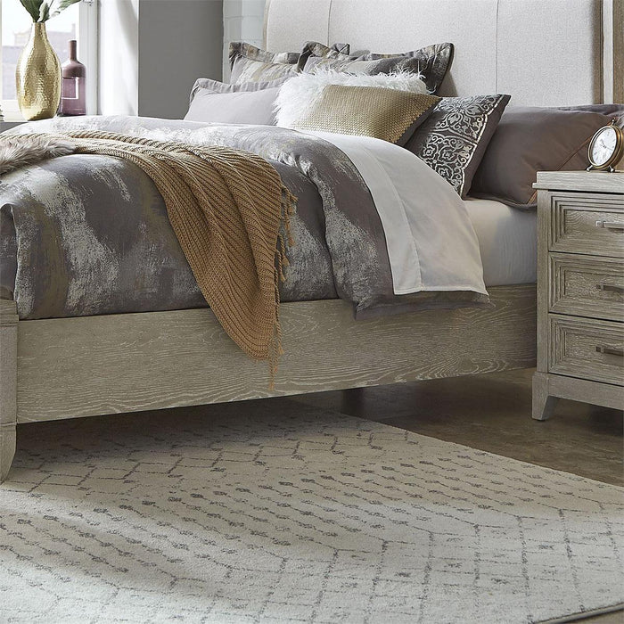 Liberty Furniture Belmar King Upholstered Sleigh Bed in Washed Taupe and Silver Champagne