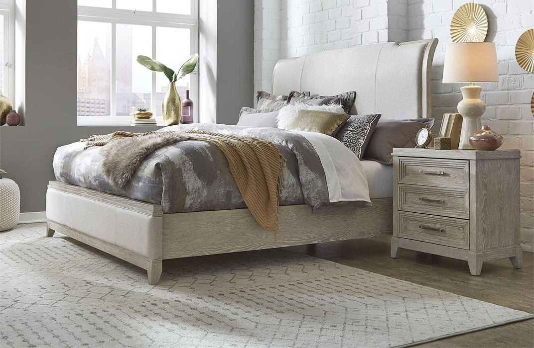 Liberty Furniture Belmar King Upholstered Sleigh Bed in Washed Taupe and Silver Champagne