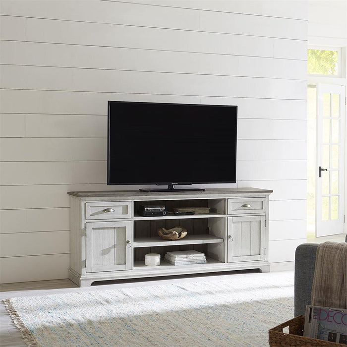 Liberty Furniture Ocean Isle Entertainment Center with Piers in Antique White with Weathered Pine - Furniture Max (Falls Church,VA) *