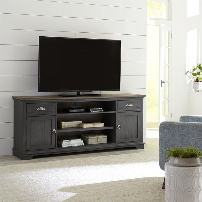 Liberty Furniture Ocean Isle Entertainment Center with Piers in Slate with Weathered Pine