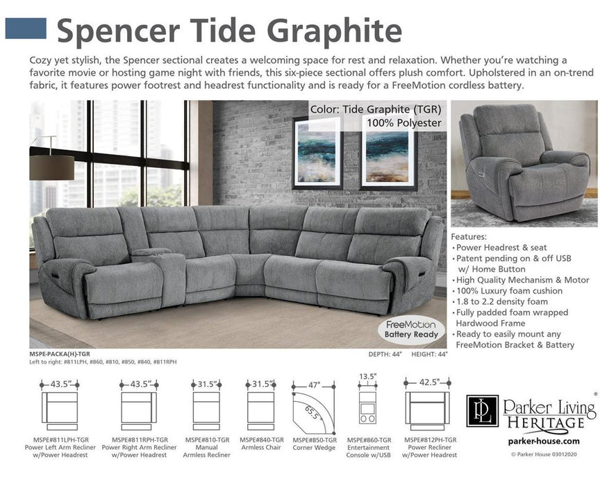 Parker House Spencer Power Right Arm Facing Recliner in Tide Graphite