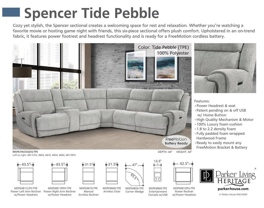 Parker House Spencer Power Left Arm Facing Recliner in Tide Pebble