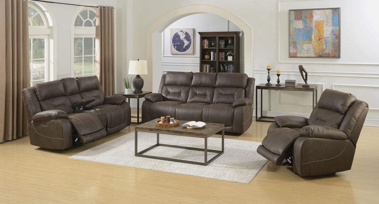 Steve Silver Aria Dual Power Reclining Console Loveseat in Saddle Brown