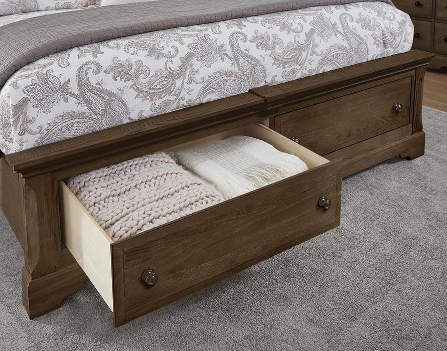 Vaughan-Bassett Heritage Queen Mansion Bed with Storage Footboard in Cobblestone Oak