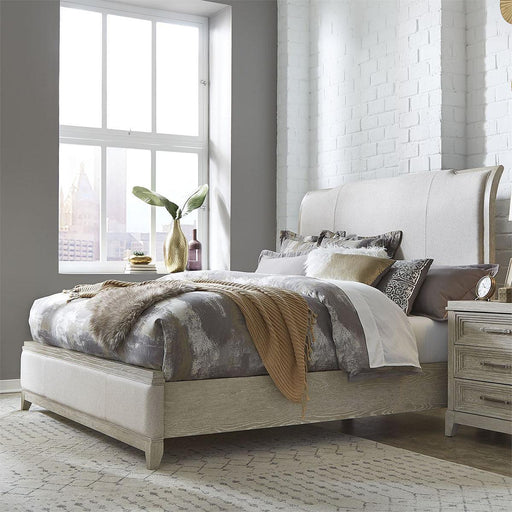 Liberty Furniture Belmar King Upholstered Sleigh Bed in Washed Taupe and Silver Champagne image