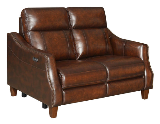 Steve Silver Akari Leather Dual Power Reclining Loveseat in English Chestnut image